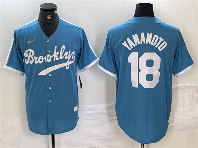 Men's Los Angeles Dodgers #18 Yoshinobu Yamamoto Light Blue Throwback Cool Base Stitched Baseball Jersey